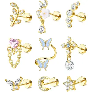 CASSIECA 16G Cartilage Earrings Helix Earrings for Women Stainless Steel Helix Piercing Jewelry Leaf Butterfly CZ Studs Flat Back Cartilage Earrings Set 9Pcs