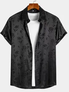 Men's Rose Print Jacquard Shirt, Regular Fit Short Sleeve Collared Top, Summer Fashion, Casual Stylish Menswear, Daily Wear, Floral Casual, Casual Shirts