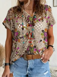 Spring and summer style, V-neck diamond hollow out loose batwing short sleeve cover-up, contrast color floral and plant print women's knitted top, vacation style, casual and elegant for commuting, women's vest cover-up, bikini cover-up, Bohemian vacation