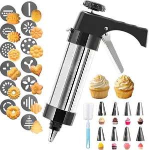 Stainless Steel Cookie Press Gun Set with 13 Cookie Plates 8 Piping Nozzles & Sponge Brush, Ideal for DIY Christmas Decorative Cookies, Great Baking Gift for Women