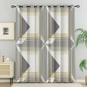 2 Panels Modern Grey & Gold Geometric Curtains, Minimalist Abstract Triangle/Square Decorative Drapes for Living Room Bedroom