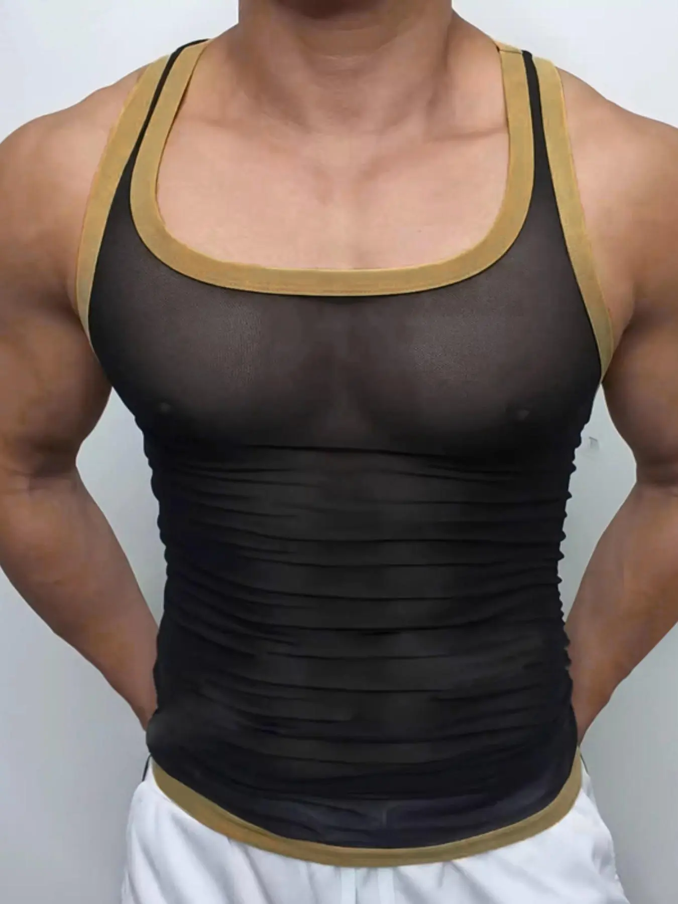 Men's Solid Color Contrast Trim Racerback Tank Top, Slim-fitting Breathable Comfortable Lightweight Mesh Tank Top for Gym Workout, Casual Sleeveless  Top for Summer Menswear