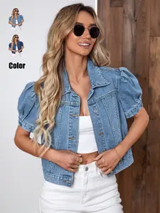 Women's Vintage Bubble Sleeve Denim Jacket Fit, Summer Thin High Waist Crop Top, Casual Fashionable Short Jean Coat for Women