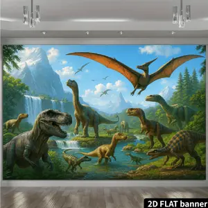 2D Flat Banner Polyester Photography Backdrop, HD Digitally Printed Dinosaur Theme Prehistoric Jungle Landscape Background Cloth featuring Mountains, Waterfall, River, and various Dinosaurs, Soft Lightweight Foldable Photo Backgro