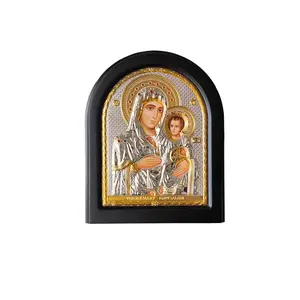 Virgin Mary Jerusalem 4.33"Jesus Icon Silver 950° Byzantine Wood Handicraft