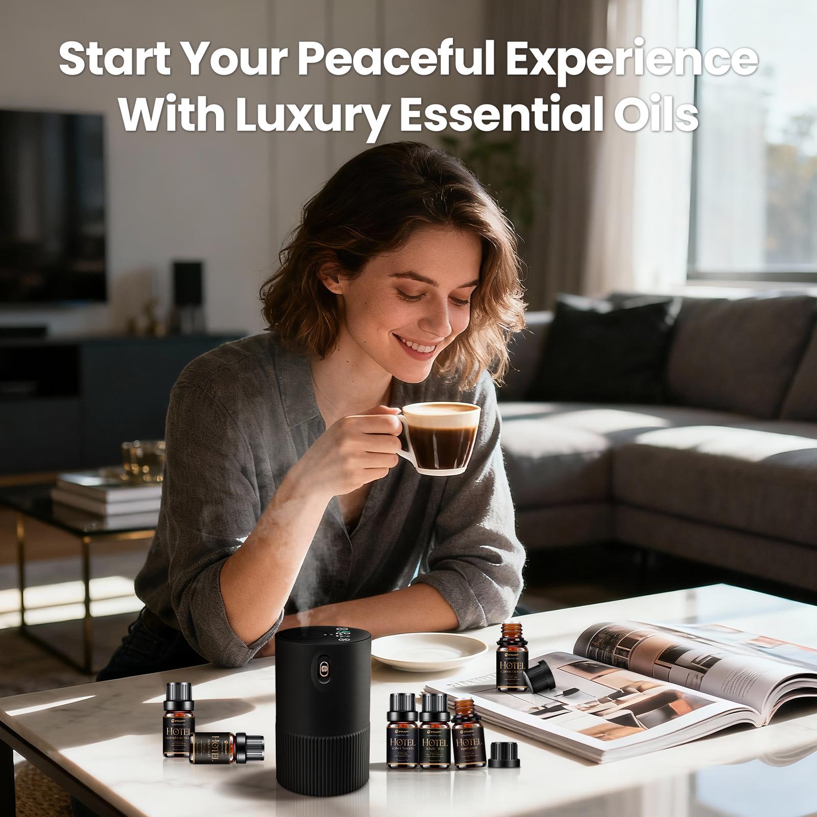 AESHORY Waterless Essential Oil Diffuser Starter Kit with Hotel Fragrance Oil Battery Operated Mini Scent Diffuser, Portable Aromatherapy Diffuser for Home, Car, Office (Black)