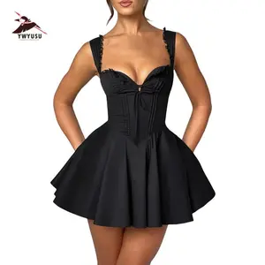Women's Mini Corset Dress A-Line Deep V Neck Backless Ruffle Hem Sleeveless Dress for Party Club