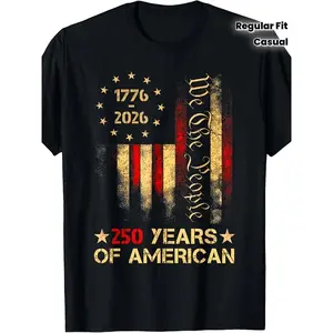 250th Anniversary US Flag T-Shirt -  "We The People" Patriotic Design - Pure Vintage Style Unisex Adult Tee with 1776 & 2026 Dates - Independence Day Apparel for Men & Women - All-Season Comfort Fit Casual Wear - Round Neck Short-Sleeved