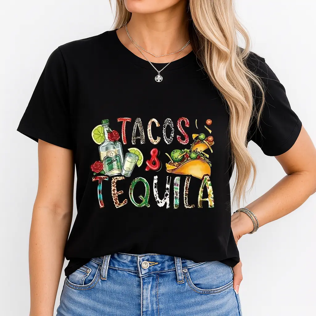 Women's 100% Cotton Minimalist Taco & Tequila Graphic Print T-Shirt - Loose Fit, High Elasticity Breathable Fabric, Shortsleeve Round Neck, Maternity Casual Top for Cinco de Mayo, Mexican Theme Parties (Spring/Summer/Fall)