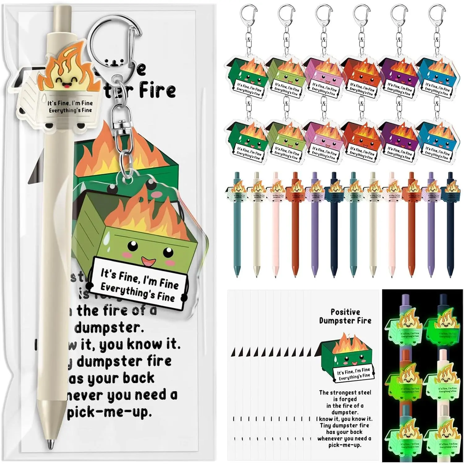 12-Set Bulk Funny Dumpster Fire Bookmarks & Ballpoint Pens with Keychain, Office Stationery Gifts for Students & Teachers, Employee Favors, Keychain Card, 12 Cards