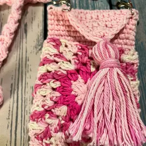 Crocheted pink Barbie boho cell phone purse