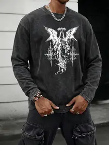 Men's Washed Vintage Round Neck Long Sleeve T-Shirt, Menswear, Casual Fitted Design, All Seasons Wear, Random Print Pattern
