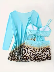 Colorblock Print Bikini Set, New 2026 Model, Plus Size Women's Leopard & Baby Blue, High Stretch, Tummy Control, Backless Top, Adjustable Straps, High Waist Shorts, Cover-Up, 3-Piece Summer Swimwear suit tankini cute lace casual round neck swim top rib