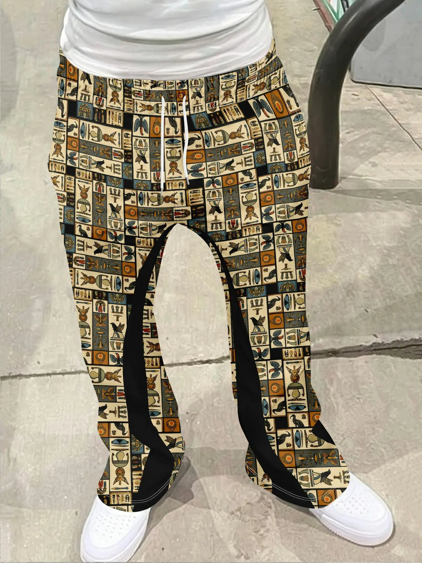 Men's Egyptian Hieroglyph Print Vintage Retro Bell Bottom Pants, Pharaoh Style Full Pattern Streetwear, Casual Sports Long Pants, Trendy Gift