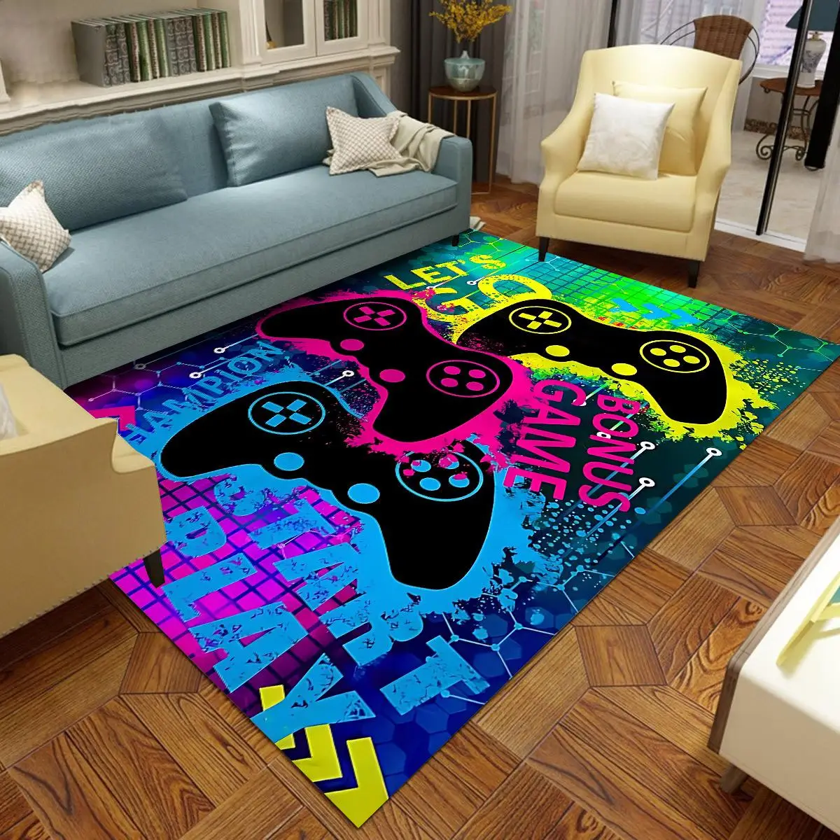 Game Room Carpet, 1 Count Non-slip & Anti-dirty Gamepad Print Area Large Rug, Indoor Decorative Rug for Home Living Room Bedroom Game Room