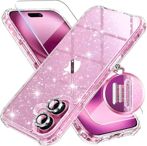 for  16 Plus Case Glitter, with 9H Tempered Screen Protector + 2X  Camera Lens Protectors, [Non-Yellowing] Women Clear Sparkly Cute Bling Hard Shockproof Cover 6.7", Shiny Clear