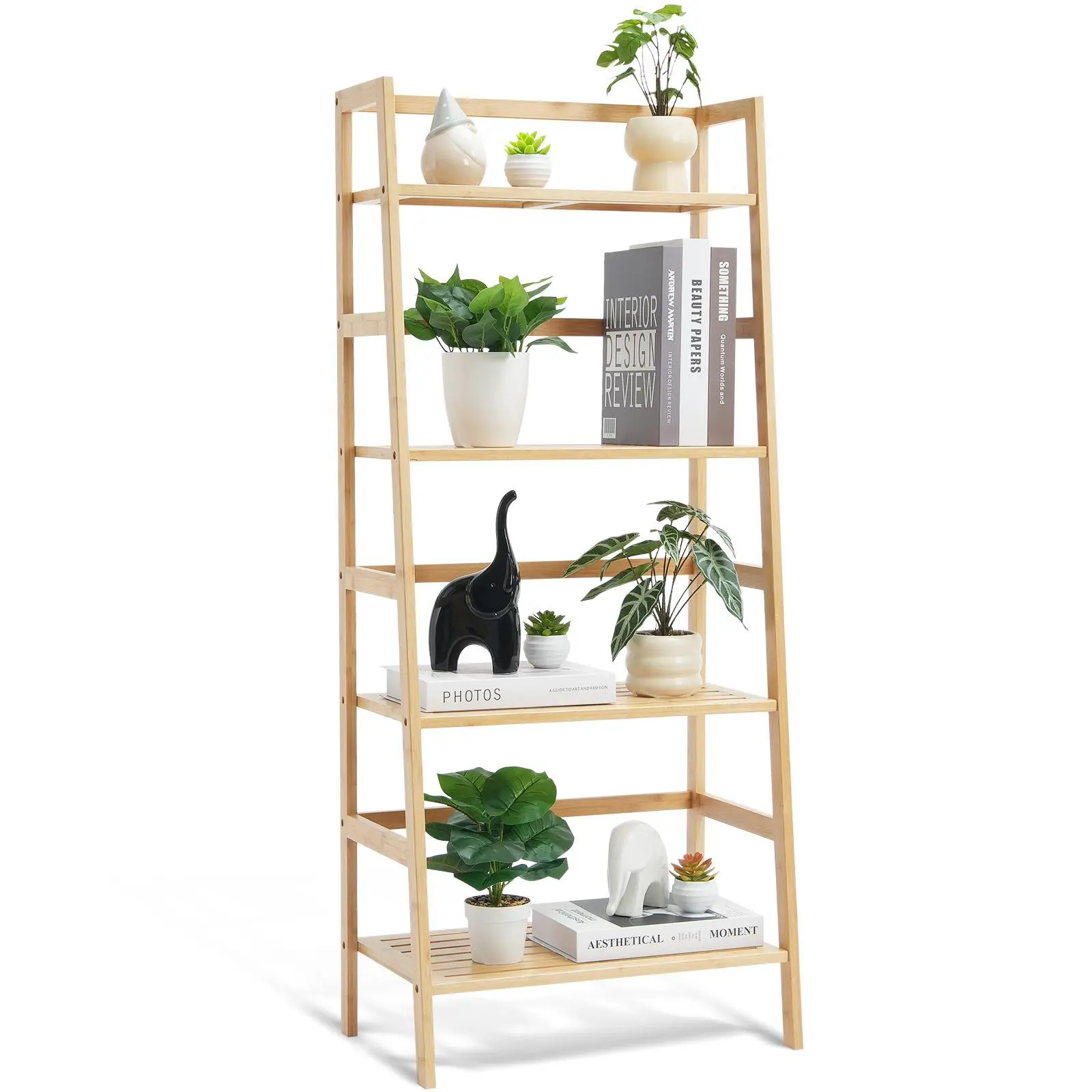 【summerfinds】VEVOR 4-Tier Bamboo Wood Minimalist Trapezoid Ladder Shelf, Waterproof Home Storage Rack Organizer, Freestanding Open Bookcase & Flower Plant Stand for Bathroom, Bedroom, Home Storage Shelf, Minimalist Shelf