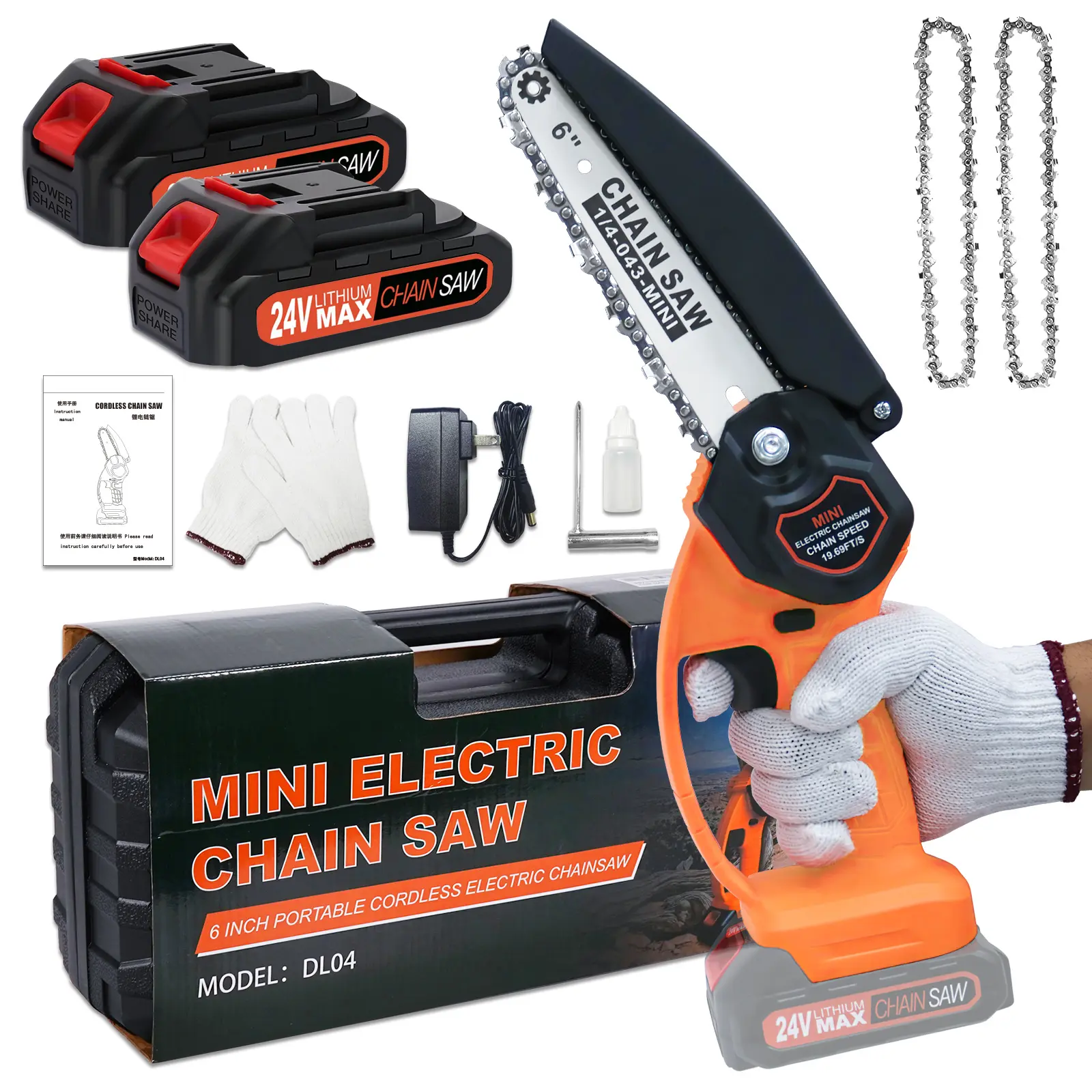 NEXPOW 6" Portable Chain Saws - 24V Battery-Powered Cordless Handheld Wood Cutter with 2 Batteries, 2 Chains, Orange, Glove, Gardening, Economical Way To Trim Branches