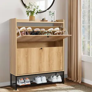 Giratree Fluted Shoe Cabinet with 2 Flip Drawers, Modern Slim Shoe Storage Organizer, Narrow Entryway Shoe Rack, Tipping Shoe Cabinet with Metal Legs for Heels, Boots, Slippers in Entrance