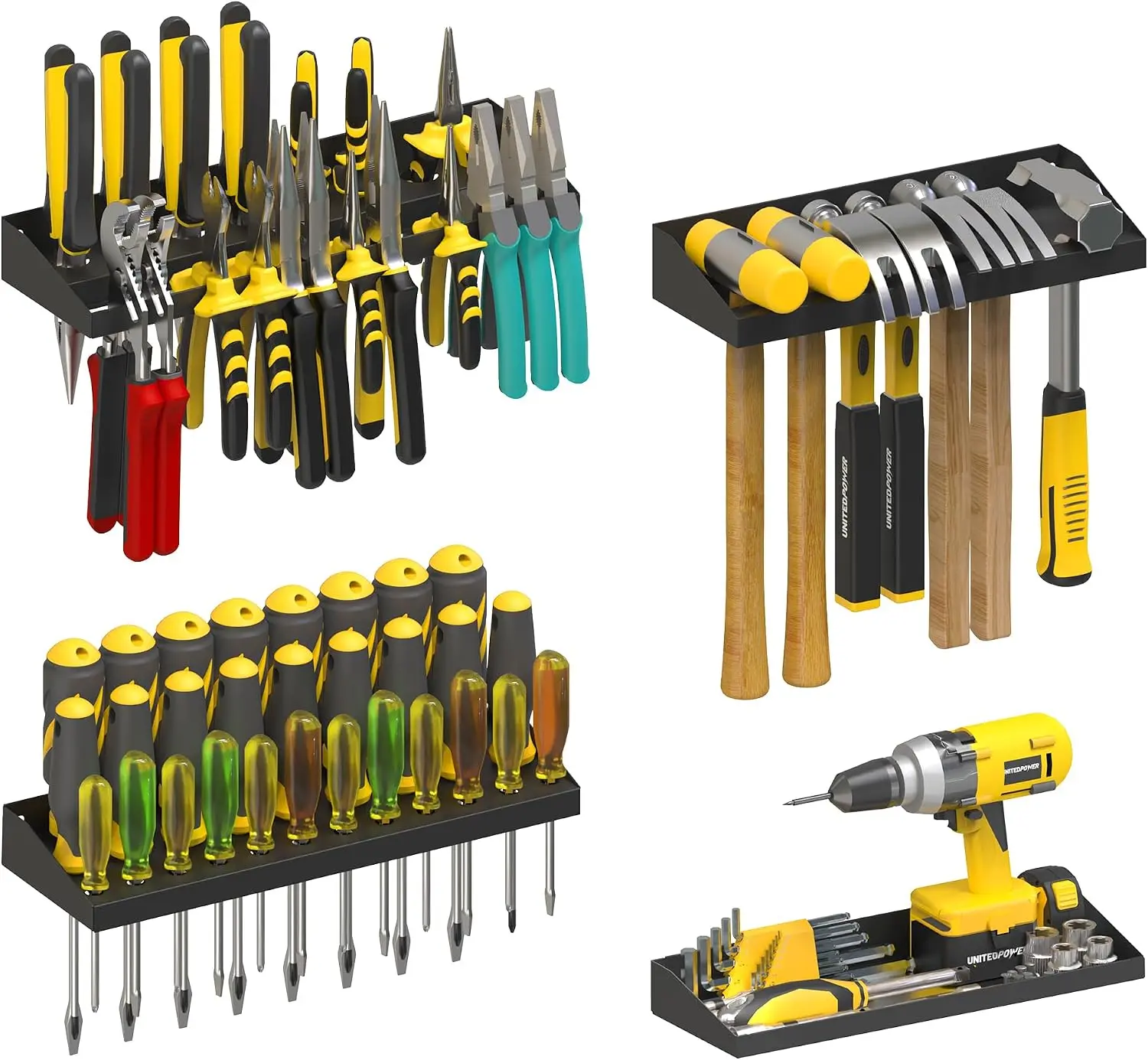 Wall Mount Hand Tool Organizer – Heavy Duty Metal Tool Storage Rack with Screwdriver Holder, Pliers Rack, Hammer Shelf & Hardware Utility Tray for Garage, Workshop & Workbench
