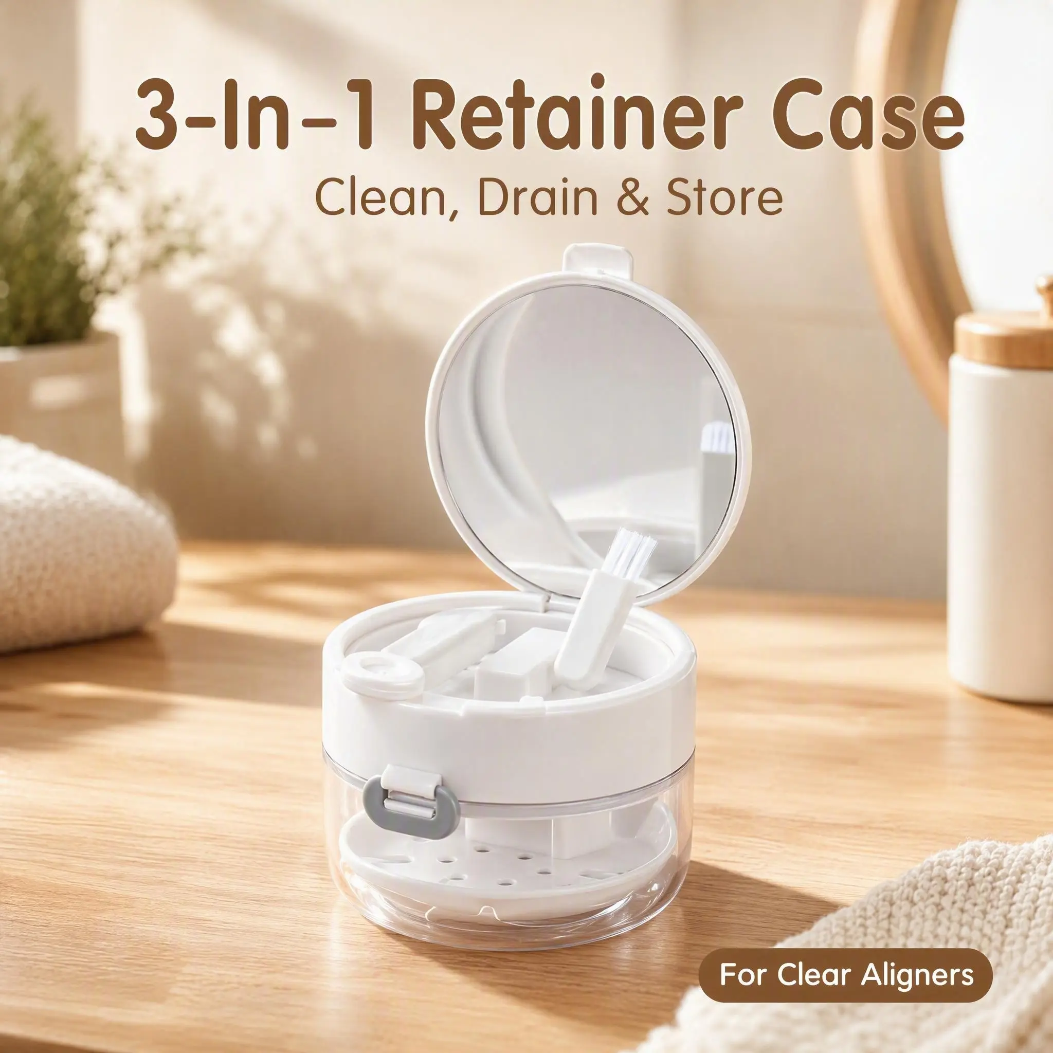 3-in-1 Silicone Oral Retainer Cleaning Kit - 61-in Adjustable Stainless Steel Handle, Impact ABS Toothbrush Holder, Moisture-Resistant Dual-Layer Soak Container with Drain Tray, Mirror & Brush for Outdoor Camping Travel Use