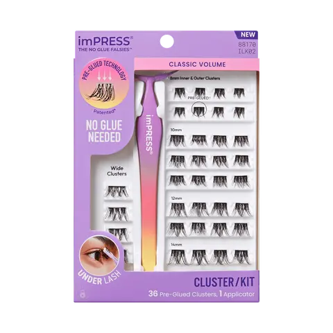 Impress Falsies Pre-Glued False Eyelashes Starter Kit - Classic Volume | 36 Lash Clusters, With Applicator, 12mm-14mm