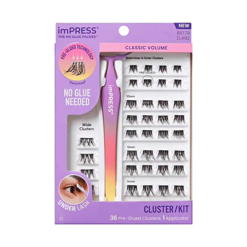 Impress Falsies Pre-Glued False Eyelashes Starter Kit - Classic Volume | 36 Lash Clusters, With Applicator, 12mm-14mm