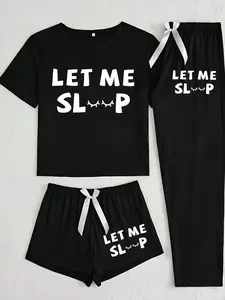 Women's Spring Summer Fall Homewear Three-Piece Sleepwear Set, Cartoon Tree Kangaroo Print Pyjama Set, Casual Fitted Nightwear, Pajama Set, Loungewear, Womenswear, Pajamas, Printed Pajama Set