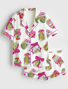 Women’s Short Sleeve Satin Pajama Set Pickle Lover Pink Bow Print Soft Sleepwear