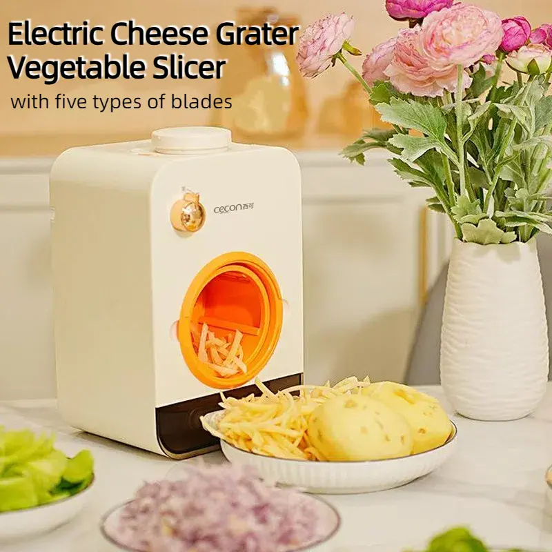 Electric Cheese Grater - Stainless Steel Kitchen Utensil with 5 Interchangeable Blades, Vegetable Slicer, Food Cutter, 1-Touch Control, Ideal for Cooking, Potato Chips, Shaved Ice, Soups