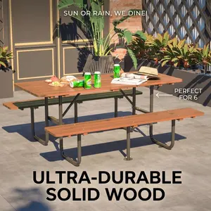 Outdoor Picnic Table 72 Inch Rectangular Wooden Dining Set with Built-in Benches for 6 Person Heavy Duty Waterproof Corrosion-Resistant Patio Furniture for Backyard BBQ Garden with Umbrella Hole Summer Outdoor Living Solution Family Gathering