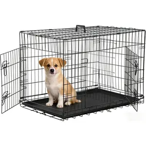 30 Inch Dog Crate for Medium Dogs, Double Door Folding Metal Wire Dog Cage with Removable Tray & Divider Panel, Black