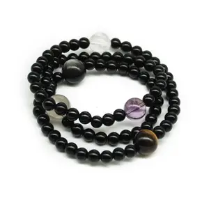 Five Elements Multi-Treasure Crystal Bracelet - Wrapped in Three Circles with Purple Water, Tiger Eye, Brushed Fluorite, White Water & Silver Stone