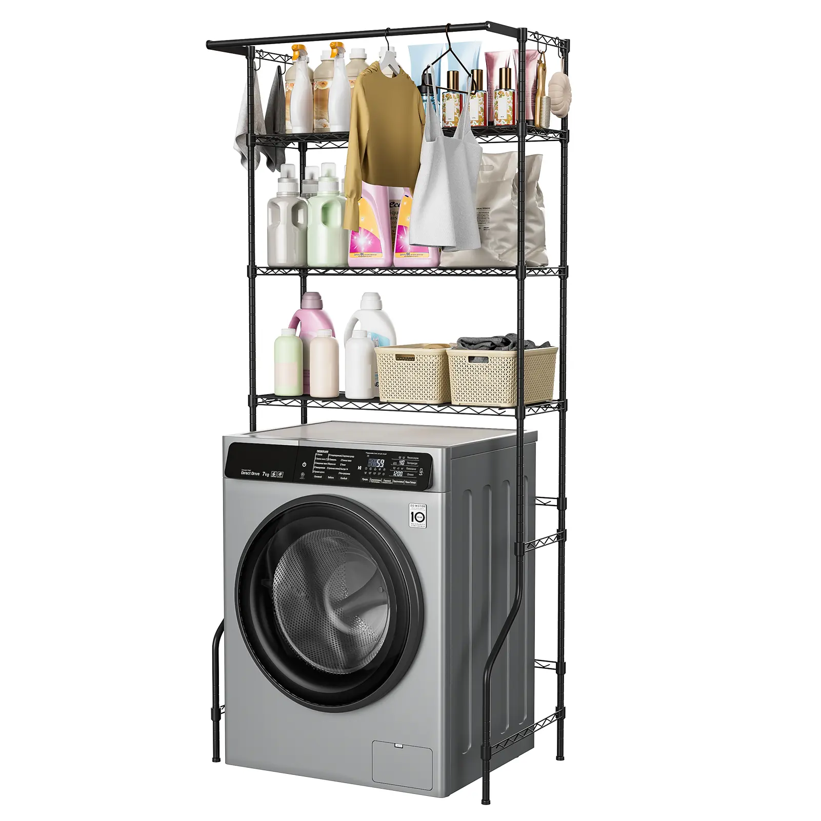 Explorinox Over Washer and Dryer 3-Tier Storage Organizer, Metal Freestanding Laundry Room Shelf Unit with Adjustable Height, Hanger Rod & Hooks, 33.46" L x 19.69" W x 77.95" H, Black