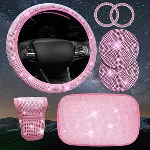 7 Piece Car Interior Accessories Set, Diamond Embellished Steering Wheel Cover, Gear Shift Knob, Cup Holder Pad, Armrest Cushion, Car Interior Decor, Girly Car Interior Sets