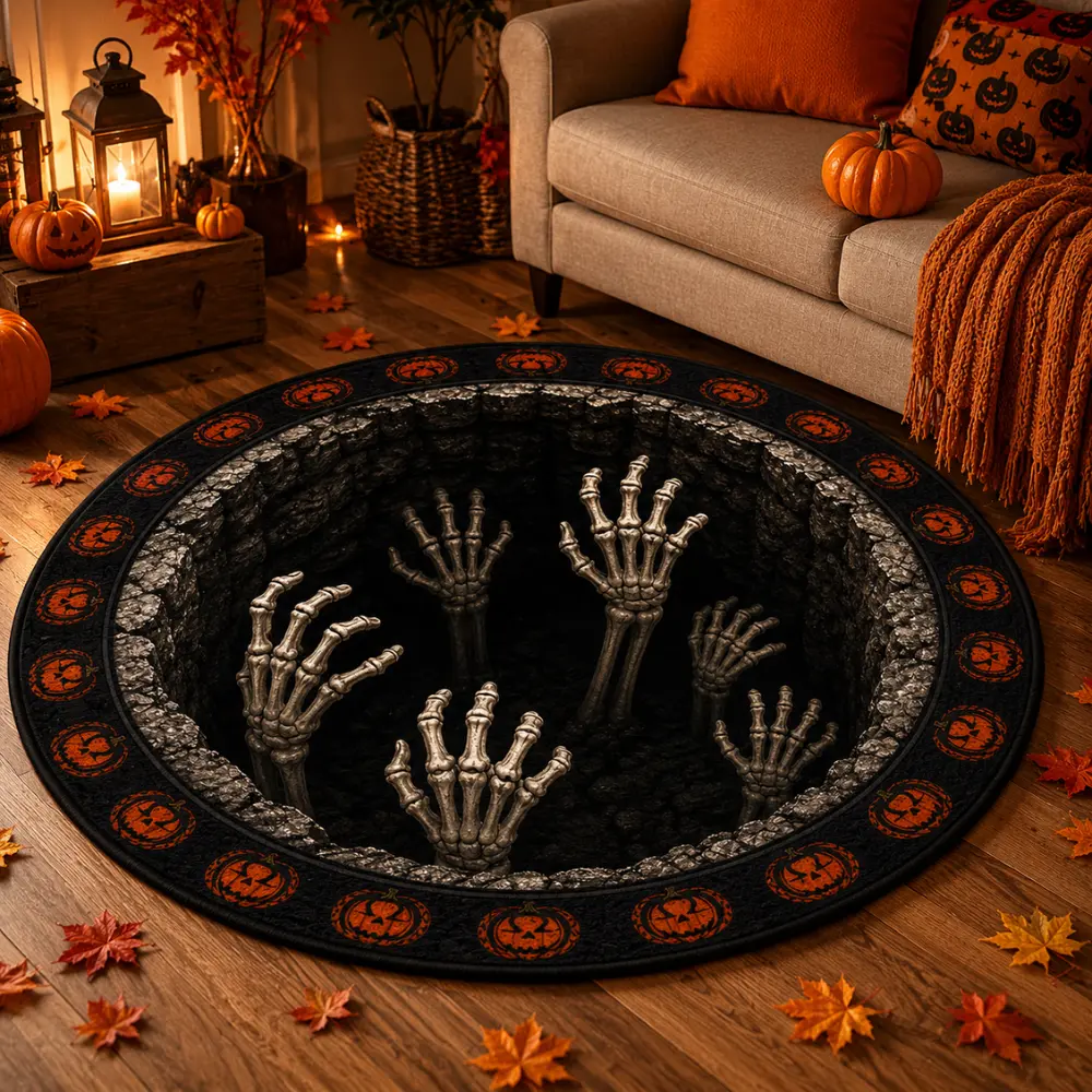 3D Ghost Illusion Round Halloween Rug - Soft Non-Slip Area Rug for Living Room, Party Decor