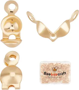 Beebeecraft 1 Box 200Pcs Bead Tips Knot Covers 18K Gold Plated Brass Clamshell Crimp Bead Tips Fold-Over Open End Caps for Jewelry Making DIY Bracelet Necklace Findings (3mm Cup, 1mm Hole)