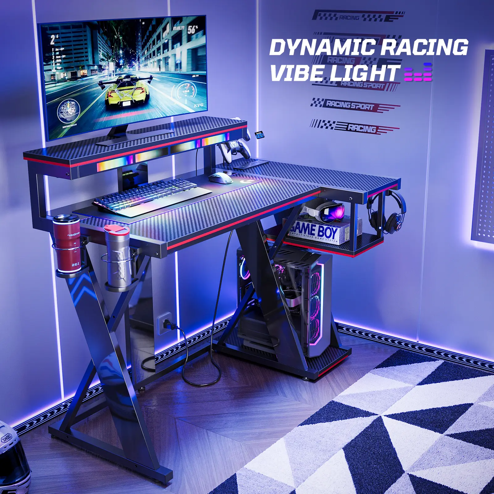 Bestier 42-inch Black-on-Black L-shaped Gaming Desk with RGB Lighting Music Sync, 3 AC Outlets, Dual Foldable Cup Holders, Dual Monitor Setup Spacious Layout