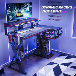 Bestier 42-inch Black-on-Black L-shaped Gaming Desk with RGB Lighting Music Sync, 3 AC Outlets, Dual Foldable Cup Holders, Dual Monitor Setup Spacious Layout