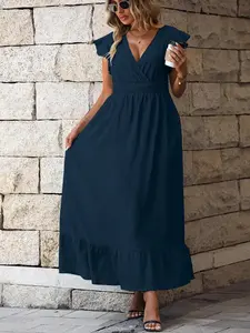 Ladies' Elegant Plus Size Navy Blue Mid Length Dress With Flowing Sleeves, Deep V-neck Ruffled Hem, Loose And Elastic Comfortable Women's Dress, Suitable For Spring/summer Parties Summer Clothes For Women SaleSummer Outfits For Women