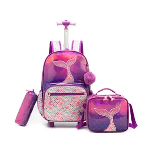 Kids Leather Material Mermaid Rolling Backpack for Girls Trolley Suitcases Luggage Travel with Wheels Bookbag Wheeled 3PCS Roller Backpacks Set School Bags Elementary Teenagers Purple