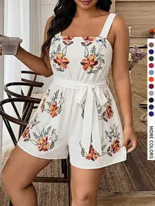 Plus Size Women's Floral Print Halter Sleeveless Romper, Summer Casual Short Belted Jumpsuit, Beach Vacation Bohemian Style, Perfect for Holidays
