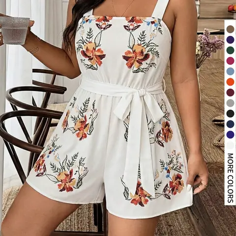 Plus Size Women's Floral Print Cami Sleeveless Short Romper, Summer Everyday Casual Belted Adjustable Fit Romper, Beach Vacation Bohemian Style, Perfect for Holidays
