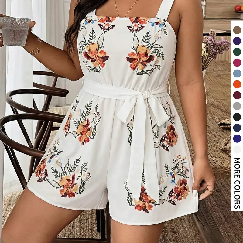 Plus Size Women's Floral Print Cami Sleeveless Short Romper, Summer Everyday Casual Belted Adjustable Fit Romper, Beach Vacation Bohemian Style, Perfect for Holidays