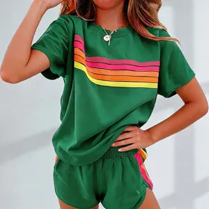 Tongudon Women's 2-Piece Rainbow Strip Outdoor Sportswear Set - Loose Fit Crop Top & Bottoms, Solid Round Neck, Short Sleeves, Lightweight Breathable Blend Clothing, Baby Blue, Baseball Use, Light Spandex, Short Sets for Women