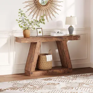 Garvee 55 Inch Farmhouse Console Table with 2-Tier Open Wooden Shelves, Ideal for Entryway, Living Room, Foyer, or Office; Features Industrial Style and Trapezium Design in Brown Gray Finish