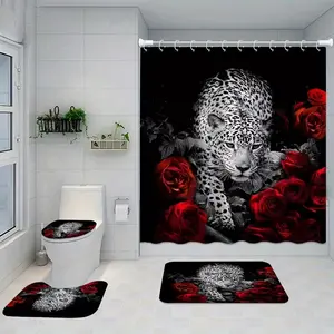1/4-piece Creative Pink Crown and Lion Pattern Bathroom Shower Curtain and Mat Set, includes 12 hooks, non-slip bathroom mat, non-slip toilet U-shaped mat, toilet seat cover, bathroom partition, modern home decor.
