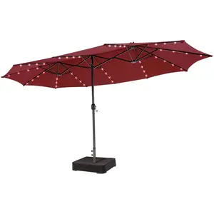 VOOYA HOME 15ft Large Patio Umbrella with 3 Solar panels, 48 Solar LED Lights Base Included, Outdoor Double-Sided Rectangle Market Umbrella with Crank Handle, Perfect for Pool, Lawn, and Garden (Pole Diameter 1.9 inch) Red