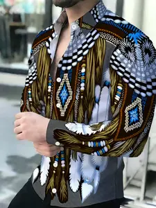 Bottom Navajo Cultural Feather Totem Fitted Men's Country Shirt, Long Sleeve Button Front Print Asymmetrical Design, Casual Classic All Seasons Wear