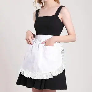 One European-style pure white maid apron with ruffled edges and double pockets, a home-use half-length princess apron.